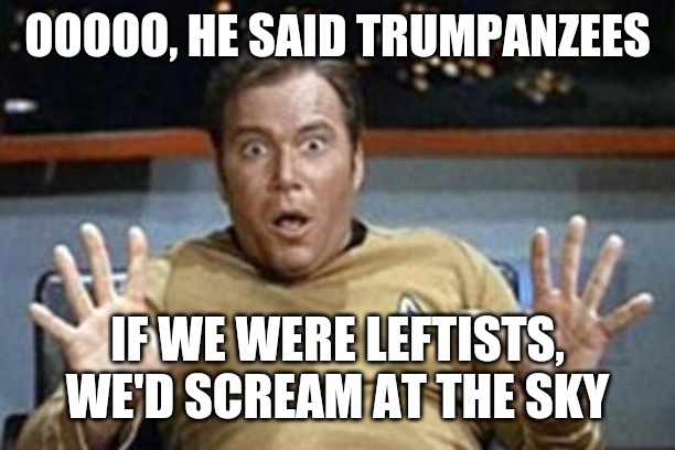 captain kirk jazz hands | OOOOO, HE SAID TRUMPANZEES IF WE WERE LEFTISTS, WE'D SCREAM AT THE SKY | image tagged in captain kirk jazz hands | made w/ Imgflip meme maker