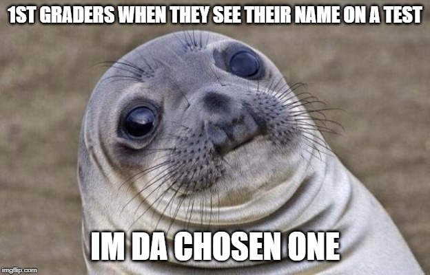 Awkward Moment Sealion | 1ST GRADERS WHEN THEY SEE THEIR NAME ON A TEST; IM DA CHOSEN ONE | image tagged in memes,awkward moment sealion | made w/ Imgflip meme maker