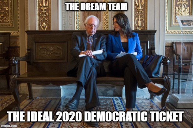 The Dream Team | THE DREAM TEAM; THE IDEAL 2020 DEMOCRATIC TICKET | image tagged in bernie,tulsi | made w/ Imgflip meme maker