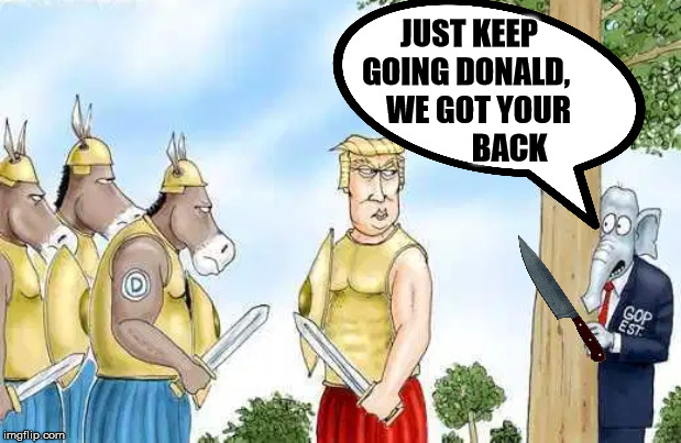 They put the stab in GOP establishment | JUST KEEP GOING DONALD, 
   WE GOT YOUR
             BACK | image tagged in republicans,establishment,donald trump | made w/ Imgflip meme maker