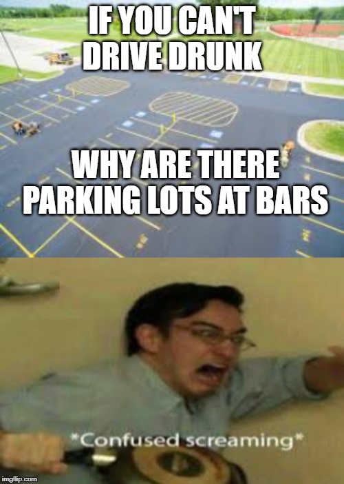 parking problems |  IF YOU CAN'T DRIVE DRUNK; WHY ARE THERE PARKING LOTS AT BARS | image tagged in meme,confused screaming,parking lot | made w/ Imgflip meme maker