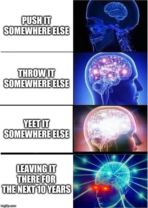 Expanding Brain Meme | PUSH IT SOMEWHERE ELSE; THROW IT SOMEWHERE ELSE; YEET IT SOMEWHERE ELSE; LEAVING IT THERE FOR THE NEXT 10 YEARS | image tagged in memes,expanding brain | made w/ Imgflip meme maker