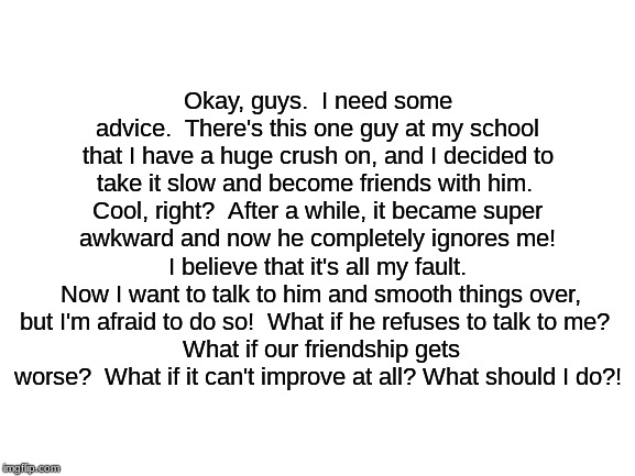 I Need Some Help, Guys... | Okay, guys.  I need some advice.  There's this one guy at my school that I have a huge crush on, and I decided to take it slow and become friends with him.  Cool, right?  After a while, it became super awkward and now he completely ignores me!  I believe that it's all my fault. 
 Now I want to talk to him and smooth things over, but I'm afraid to do so!  What if he refuses to talk to me? 
 What if our friendship gets worse?  What if it can't improve at all? What should I do?! | image tagged in lgbtq,advice,life problems,crush,question | made w/ Imgflip meme maker