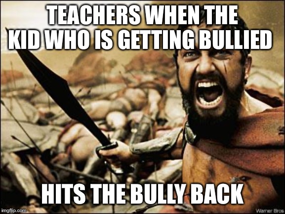 Spartan Leonidas | TEACHERS WHEN THE KID WHO IS GETTING BULLIED; HITS THE BULLY BACK | image tagged in spartan leonidas | made w/ Imgflip meme maker
