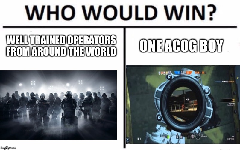 Who Would Win? Meme | WELL TRAINED OPERATORS FROM AROUND THE WORLD; ONE ACOG BOY | image tagged in memes,who would win | made w/ Imgflip meme maker