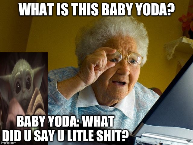 Grandma Finds The Internet Meme | WHAT IS THIS BABY YODA? BABY YODA: WHAT DID U SAY U LITLE SHIT? | image tagged in memes,grandma finds the internet | made w/ Imgflip meme maker