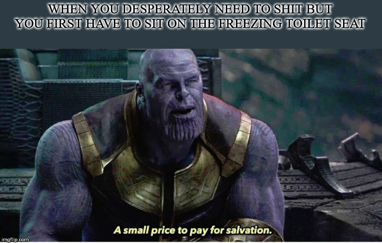 A small price to pay for salvation | WHEN YOU DESPERATELY NEED TO SHIT BUT YOU FIRST HAVE TO SIT ON THE FREEZING TOILET SEAT | image tagged in a small price to pay for salvation | made w/ Imgflip meme maker