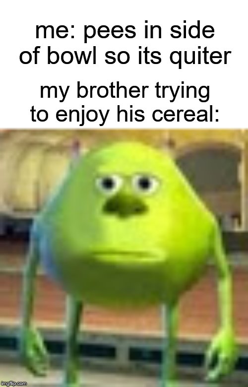 Sad Sullymike | me: pees in side of bowl so its quiter; my brother trying to enjoy his cereal: | image tagged in sully wazowski,sully,mike wazowski,memes,funny | made w/ Imgflip meme maker
