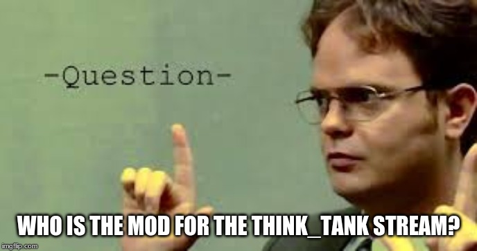 "Me." - GrilledCheez, 2020 | WHO IS THE MOD FOR THE THINK_TANK STREAM? | image tagged in question,think about it | made w/ Imgflip meme maker