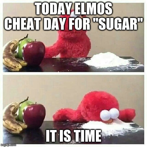 Elmo eats sugar | TODAY ELMOS CHEAT DAY FOR "SUGAR"; IT IS TIME | image tagged in elmo eats sugar | made w/ Imgflip meme maker