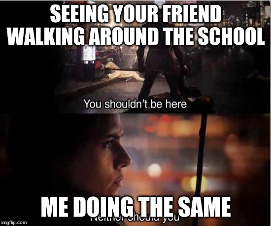 You shouldn't be here, Neither should you | SEEING YOUR FRIEND WALKING AROUND THE SCHOOL; ME DOING THE SAME | image tagged in you shouldn't be here neither should you | made w/ Imgflip meme maker