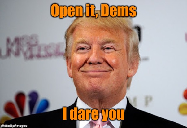 Donald trump approves | Open it, Dems I dare you | image tagged in donald trump approves | made w/ Imgflip meme maker