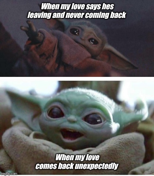 When my love says hes leaving and never coming back; When my love comes back unexpectedly | image tagged in baby yoda cry | made w/ Imgflip meme maker
