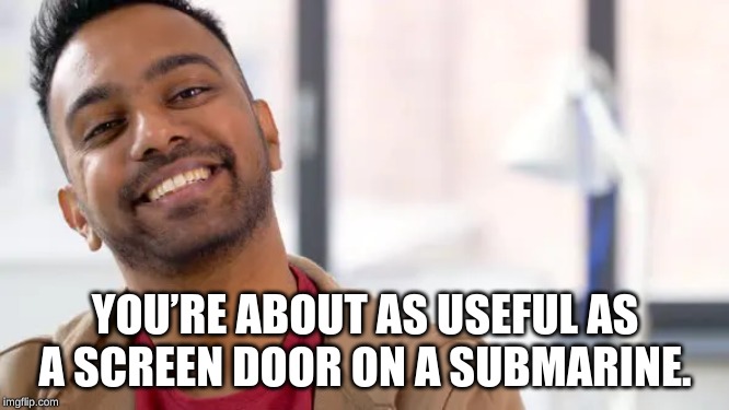  YOU’RE ABOUT AS USEFUL AS A SCREEN DOOR ON A SUBMARINE. | image tagged in memes,comeback | made w/ Imgflip meme maker