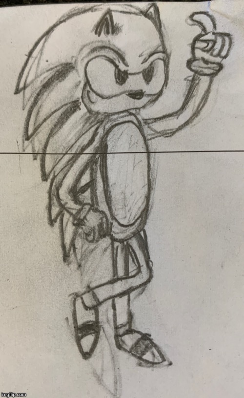 First time trying to draw Sonic (no reference used)(constructive criticism is welcome, thanks MiIes for inspiring me to do this) | made w/ Imgflip meme maker
