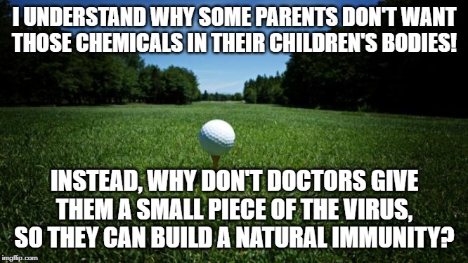 Because Logic | I UNDERSTAND WHY SOME PARENTS DON'T WANT THOSE CHEMICALS IN THEIR CHILDREN'S BODIES! INSTEAD, WHY DON'T DOCTORS GIVE THEM A SMALL PIECE OF THE VIRUS, SO THEY CAN BUILD A NATURAL IMMUNITY? | image tagged in golf vaccine,vaccines,vaccine,vaccination,antivax,childhood | made w/ Imgflip meme maker