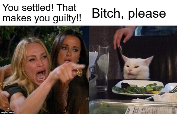 Woman Yelling At Cat Meme | You settled! That makes you guilty!! B**ch, please | image tagged in memes,woman yelling at cat | made w/ Imgflip meme maker