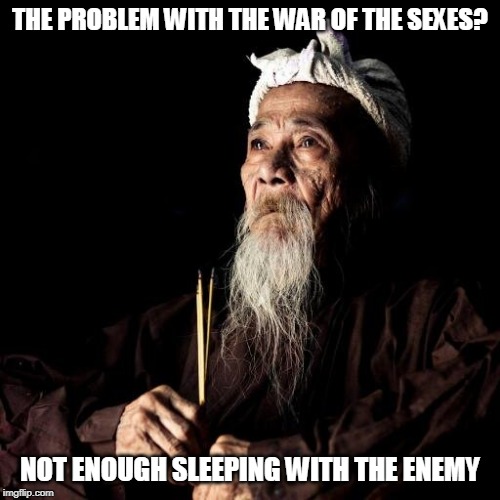 A random thought while eating a BLT | THE PROBLEM WITH THE WAR OF THE SEXES? NOT ENOUGH SLEEPING WITH THE ENEMY | image tagged in wise man | made w/ Imgflip meme maker