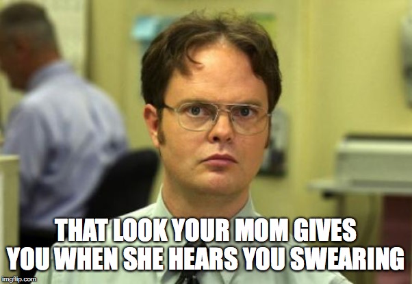 Dwight Schrute Meme | THAT LOOK YOUR MOM GIVES YOU WHEN SHE HEARS YOU SWEARING | image tagged in memes,dwight schrute | made w/ Imgflip meme maker