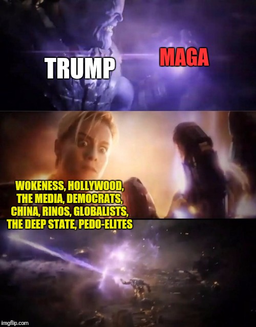 "In 2020, I am inevitable." | MAGA; TRUMP; WOKENESS, HOLLYWOOD, THE MEDIA, DEMOCRATS, CHINA, RINOS, GLOBALISTS, THE DEEP STATE, PEDO-ELITES | image tagged in thanos vs captain marvel,politics,memes,funny memes,triggered feminist | made w/ Imgflip meme maker