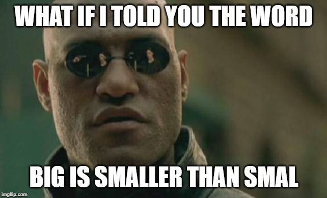 Matrix Morpheus | WHAT IF I TOLD YOU THE WORD; BIG IS SMALLER THAN SMAL | image tagged in memes,matrix morpheus | made w/ Imgflip meme maker