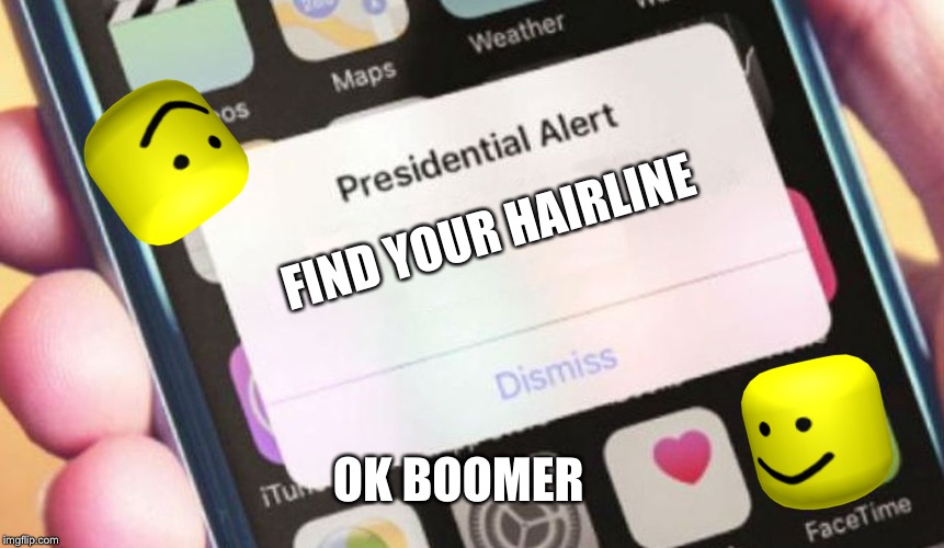 Presidential Alert Meme | FIND YOUR HAIRLINE; OK BOOMER | image tagged in memes,presidential alert | made w/ Imgflip meme maker