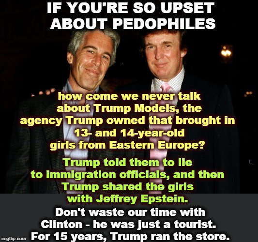 There are plenty of witnesses. | IF YOU'RE SO UPSET
 ABOUT PEDOPHILES; Trump told them to lie 
to immigration officials, and then 
Trump shared the girls 
with Jeffrey Epstein. how come we never talk about Trump Models, the agency Trump owned that brought in 
13- and 14-year-old girls from Eastern Europe? Don't waste our time with Clinton - he was just a tourist. 
For 15 years, Trump ran the store. | image tagged in trump epstein,pedophile,trump,teenagers,jeffrey epstein,suicide | made w/ Imgflip meme maker