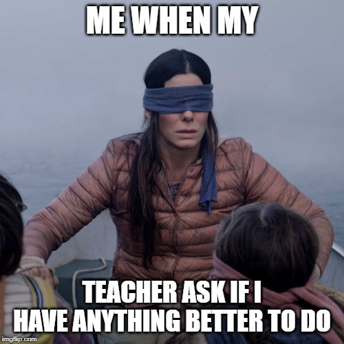 Bird Box | ME WHEN MY; TEACHER ASK IF I HAVE ANYTHING BETTER TO DO | image tagged in memes,bird box | made w/ Imgflip meme maker