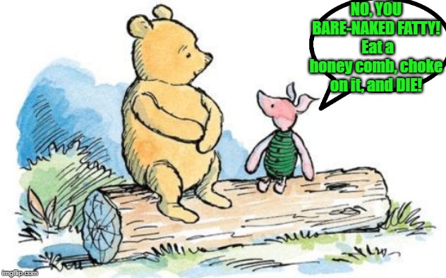 winnie the pooh and piglet | NO, YOU BARE-NAKED FATTY!  Eat a honey comb, choke on it, and DIE! | image tagged in winnie the pooh and piglet | made w/ Imgflip meme maker