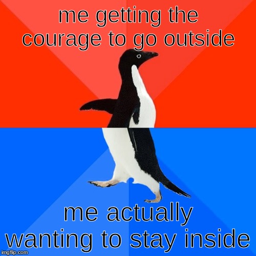 me in a nutshell | me getting the courage to go outside; me actually wanting to stay inside | image tagged in memes,socially awesome awkward penguin,funny memes | made w/ Imgflip meme maker