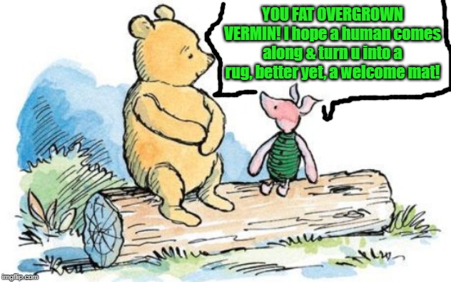 winnie the pooh and piglet | YOU FAT OVERGROWN VERMIN! I hope a human comes along & turn u into a rug, better yet, a welcome mat! | image tagged in winnie the pooh and piglet | made w/ Imgflip meme maker