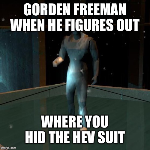 Gorden Freeman | GORDEN FREEMAN WHEN HE FIGURES OUT; WHERE YOU HID THE HEV SUIT | image tagged in funny,memes,half life,half baked | made w/ Imgflip meme maker