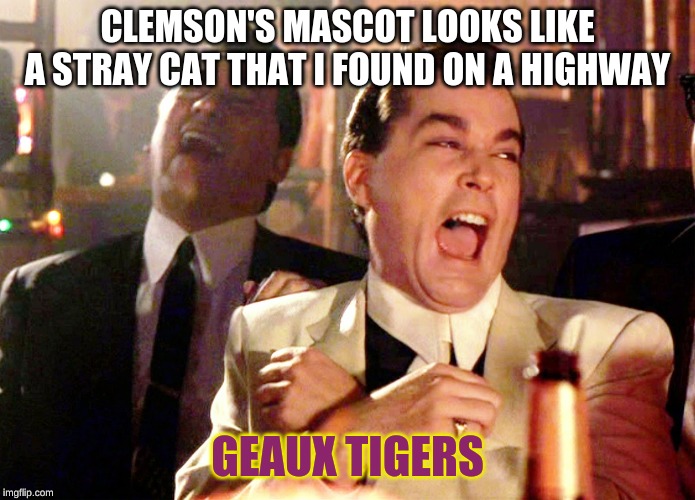 Good Fellas Hilarious Meme | CLEMSON'S MASCOT LOOKS LIKE A STRAY CAT THAT I FOUND ON A HIGHWAY GEAUX TIGERS | image tagged in memes,good fellas hilarious | made w/ Imgflip meme maker
