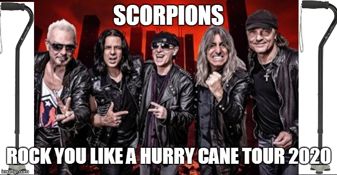 SCORPIONS; ROCK YOU LIKE A HURRY CANE TOUR 2020 | image tagged in rock and roll,funny memes,rock music,bad pun,lol so funny,funny | made w/ Imgflip meme maker