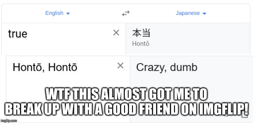This is why I hate google translate. | WTF THIS ALMOST GOT ME TO BREAK UP WITH A GOOD FRIEND ON IMGFLIP! | image tagged in google,google translate | made w/ Imgflip meme maker