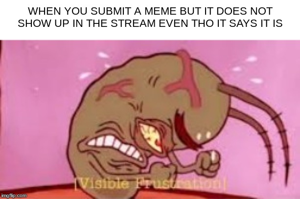 Visible Frustration | WHEN YOU SUBMIT A MEME BUT IT DOES NOT SHOW UP IN THE STREAM EVEN THO IT SAYS IT IS | image tagged in visible frustration | made w/ Imgflip meme maker