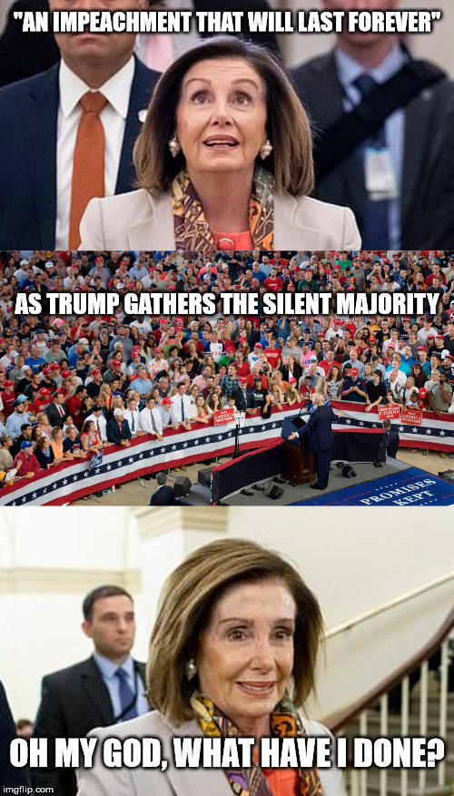 Nancy Pelosi looks like she just ate a Turd | "AN IMPEACHMENT THAT WILL LAST FOREVER"; AS TRUMP GATHERS THE SILENT MAJORITY; OH MY GOD, WHAT HAVE I DONE? | image tagged in president trump,nancy pelosi,impeachment,silent majority | made w/ Imgflip meme maker