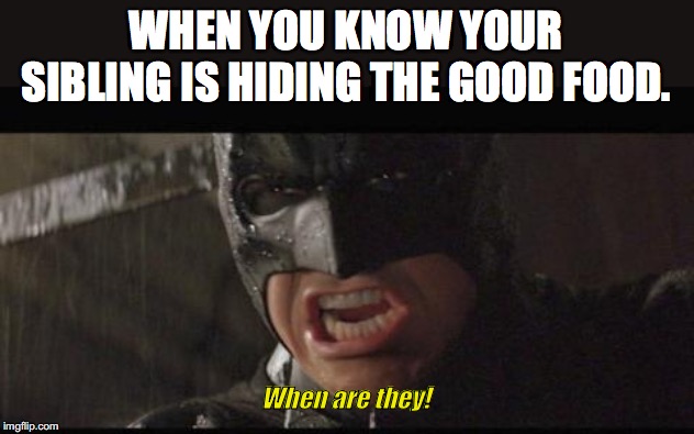 Behind the canned food I thought so. | WHEN YOU KNOW YOUR SIBLING IS HIDING THE GOOD FOOD. When are they! | image tagged in siblings,so true memes,batman,fun,funny memes | made w/ Imgflip meme maker