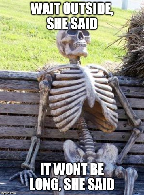 Waiting Skeleton Meme | WAIT OUTSIDE, SHE SAID; IT WONT BE LONG, SHE SAID | image tagged in memes,waiting skeleton | made w/ Imgflip meme maker