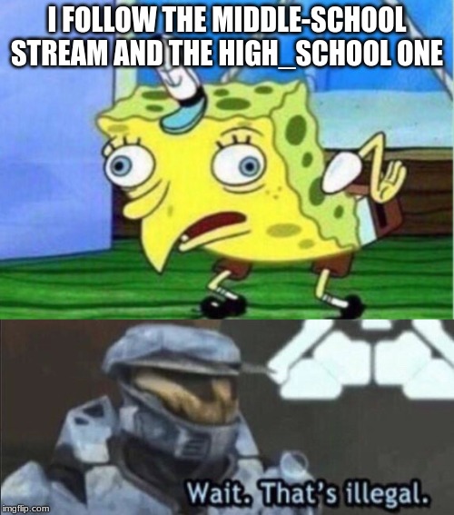 I FOLLOW THE MIDDLE-SCHOOL STREAM AND THE HIGH_SCHOOL ONE | image tagged in memes,mocking spongebob,wait thats illegal | made w/ Imgflip meme maker