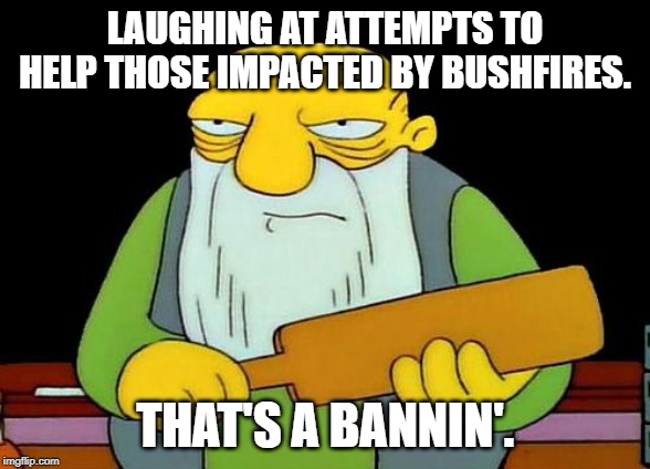 That's a paddlin' | LAUGHING AT ATTEMPTS TO HELP THOSE IMPACTED BY BUSHFIRES. THAT'S A BANNIN'. | image tagged in memes,that's a paddlin' | made w/ Imgflip meme maker