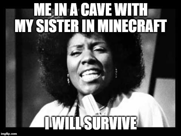 I will survive | ME IN A CAVE WITH MY SISTER IN MINECRAFT; I WILL SURVIVE | image tagged in i will survive | made w/ Imgflip meme maker