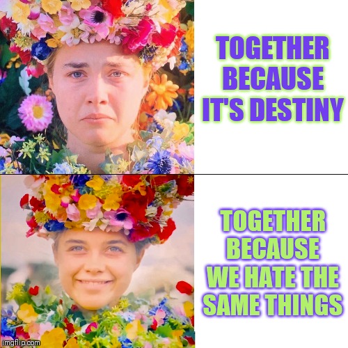 Embittered boy finds embittered girl, girl dies in a tragic blimp accident over the Orange Bowl on New Year's Day... | TOGETHER BECAUSE IT'S DESTINY; TOGETHER BECAUSE WE HATE THE SAME THINGS | image tagged in midsommar drake meme,love,romance,relationships | made w/ Imgflip meme maker