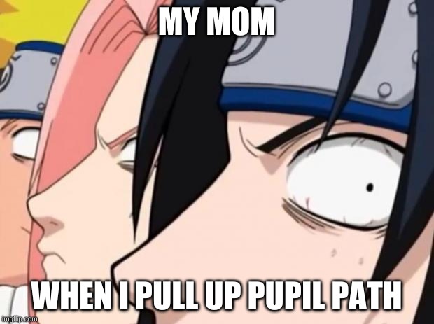 Naruto, Sasuke, and Sakura | MY MOM; WHEN I PULL UP PUPIL PATH | image tagged in naruto sasuke and sakura | made w/ Imgflip meme maker