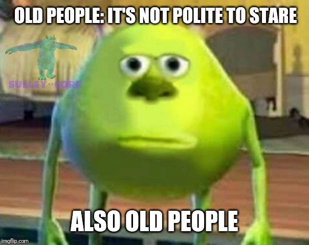 Monsters Inc | OLD PEOPLE: IT'S NOT POLITE TO STARE; ALSO OLD PEOPLE | image tagged in monsters inc | made w/ Imgflip meme maker