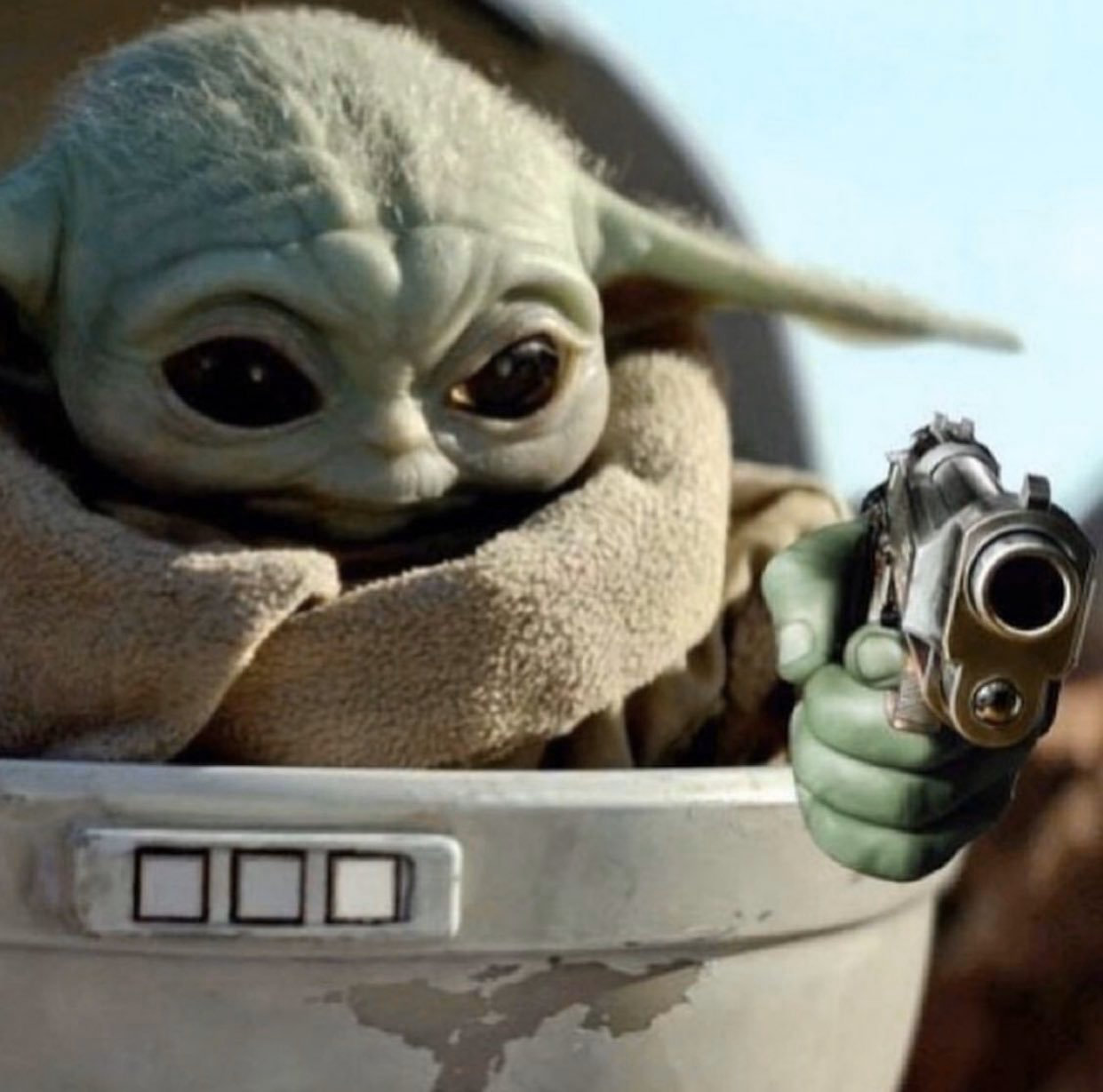 Baby Yoda Meme With Gun - roblox character holding gun meme