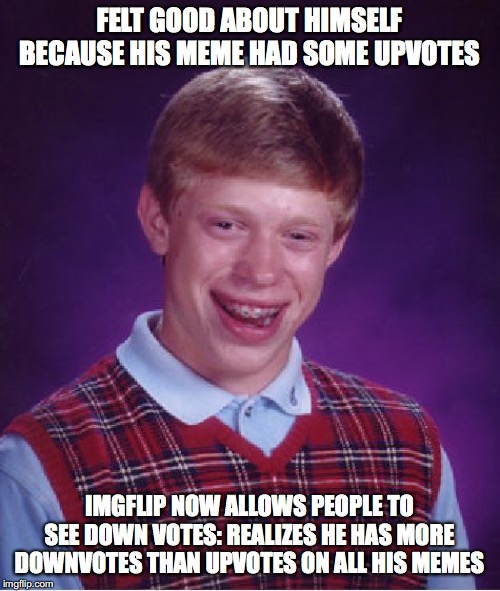 Bad Luck Brian Meme | FELT GOOD ABOUT HIMSELF BECAUSE HIS MEME HAD SOME UPVOTES IMGFLIP NOW ALLOWS PEOPLE TO SEE DOWN VOTES: REALIZES HE HAS MORE DOWNVOTES THAN U | image tagged in memes,bad luck brian | made w/ Imgflip meme maker