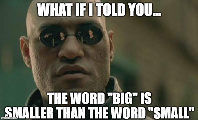 Matrix Morpheus Meme | WHAT IF I TOLD YOU... THE WORD "BIG" IS SMALLER THAN THE WORD "SMALL" | image tagged in memes,matrix morpheus | made w/ Imgflip meme maker