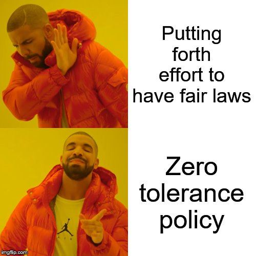 Drake Hotline Bling Meme | Putting forth effort to have fair laws; Zero tolerance policy | image tagged in memes,drake hotline bling | made w/ Imgflip meme maker