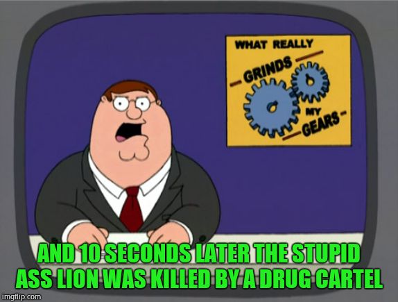 Peter Griffin News Meme | AND 10 SECONDS LATER THE STUPID ASS LION WAS KILLED BY A DRUG CARTEL | image tagged in memes,peter griffin news | made w/ Imgflip meme maker
